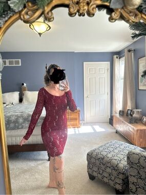Crystal Doll Burgundy Sequin Long Sleeve Bodycon Dress